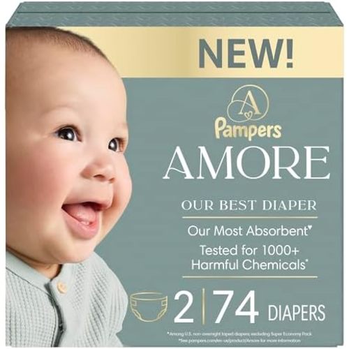 Pampers Amore, Size 2 (10-22 lbs), 74 Count, Our Best Diaper – Hypoallergenic & Fragrance Free, Up to 100% Leakproof, Soft as Cashmere