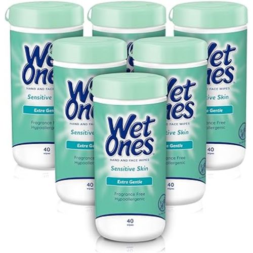 Wet Ones Hand and Face Wipes, Sensitive Skin, Unscented, Hand and Face, 40ct Canister (6 pack)
