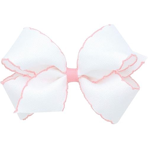 Wee Ones Girls' Classic Grosgrain Moonstitch Edge Hair Bow on a WeeStay Hair Clip, Contrasting Edge, Medium, White with Light Pink