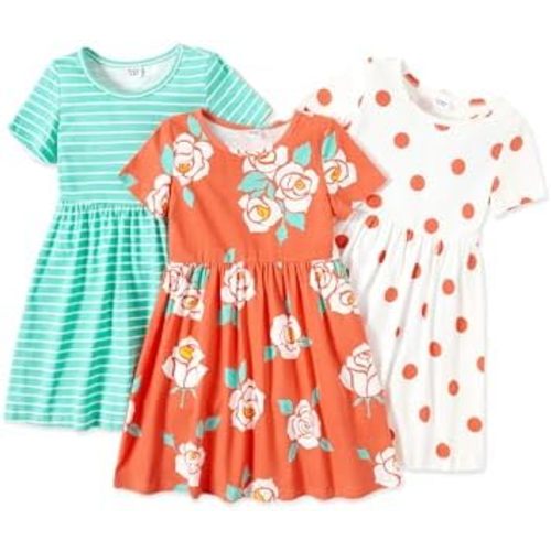 PATPAT Toddler Girl Floral Skater Multipack Dresses 3-Pack Polka Dots Short Sleeve Priness A-line Dress