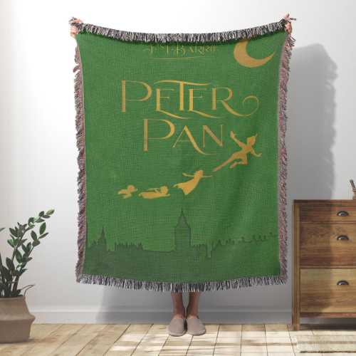 Peter Pan Woven Blanket, Literary Girl Tapestry, JM Barrie Book Cover Art, Neverland Nursery Decor, Whimsical Cottagecore Blanket Gift