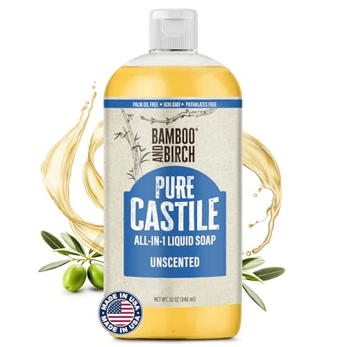 BAMBOO AND BIRCH Pure Castile Soap Liquid, Certified Palm Oil Free Natural Soap, Unscented, 32 oz
