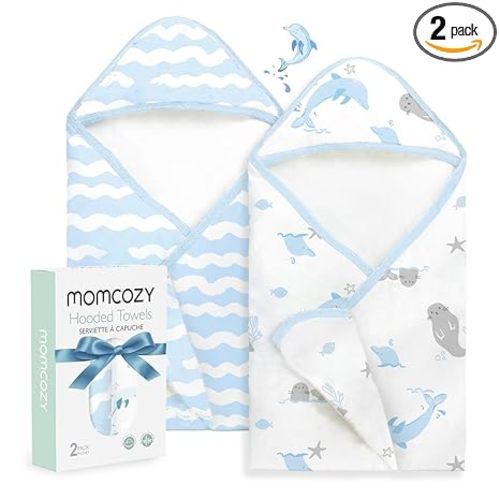 Momcozy Baby Towel with Hooded-Original Design Baby Towel Set -Soft & Absorbent- Shower Gifts or Bath Essential for Infant, Newborn, Toddler, Marine Sea Whale Seal Waves Magic