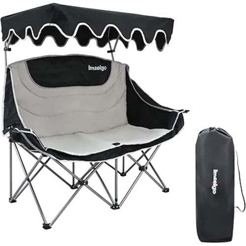 Double Camping Chair with Adjustable Shade Canopy Oversized Portable Folding Loveseat Couch, 2 Person Soft Padded Couch Back Storage Bag Cup Holder for Outdoor Lawn Backyard
