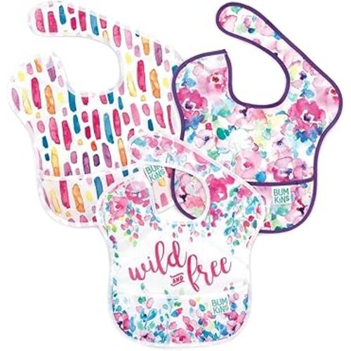 Bumkins Bibs for Girl or Boy, SuperBib Baby and Toddler for 6-24 Months, Essential Must Have for Eating, Feeding, Baby Led Weaning Supplies, Mess Saving Catch Food, Fabric 3-pk Wild and Free