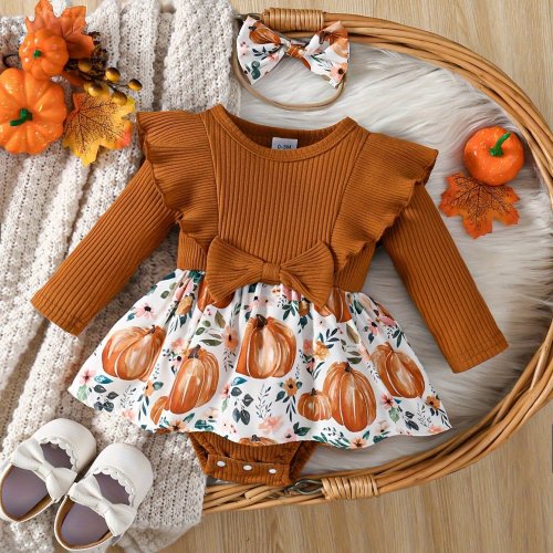 2pcs Leaf-Trimmed Vertical Stripe Long Sleeve Bow Decor Pumpkin Flower Print Romper & Headband Set for Autumn, Cute Baby Girl Outfit, Perfect for Outdoor