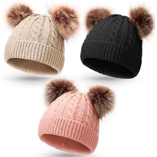 Geyoga Kids Toddler Winter Pompom Hat Baby Knitted Beanie Hat Faux Fur Pom Beanie Cap for Girls Boys 1-3 Years Old(Black, Pink, Khaki)