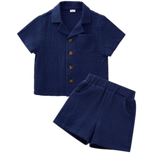 SALNIER Toddler Baby Boy Summer Outfit Set Cotton Button Down Cuban Collar Shirt Shorts 2 Piece Soft Lightweight Breathable