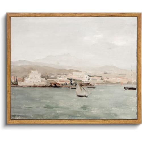 KBKBART Framed Canvas Wall Art View of Mediterranean Coastal Painting, Vintage Coastal Seaside Scenery Canvas Art Prints Bathroom Pictures ,Farmhouse Wall Decor for Bathroom, Bedroom Living Room, Vintage Wall Decor(8"x10")