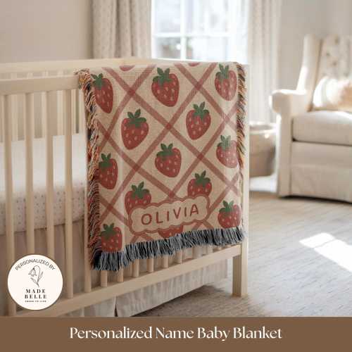 Personalized Strawberry Baby Blanket Custom Newborn Name Blanket Woven Tapestry Throw Coquette Nursery Decor Baby Shower Gift for Baby Girl