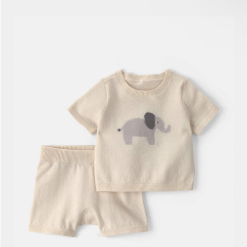 Baby 2-Piece Elephant Short-Sleeve Sweater Top & Short Set - Cream | Carter's