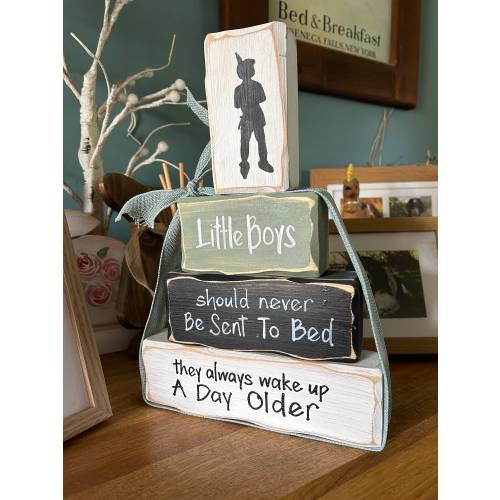 Little boys should never be sent to bed, they always wake up a day older stcking blocks. Peter Pan themed