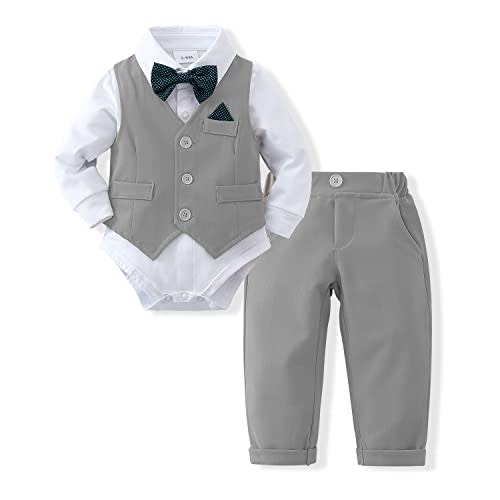DISAUR Baby Boy Clothes Toddler Boy Outfits 4PCS Gentleman Dress Romper/Vest/Pants/Bow Tie Cotton Suit Sets