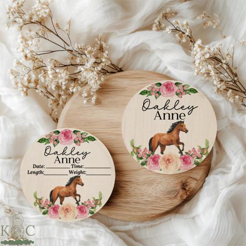 Personalized Wildflower Horse Birth Announcement Sign, Custom Name Pink Cottagecore Baby Reveal, Rose Newborn Hospital Photo Prop