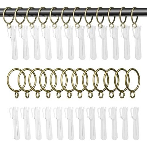 1.25 Inch Curtain Rings with Hooks, 24 Pack Bronze Metal Drapery Rings with Pins Fits Up to 1" Curtain Rods