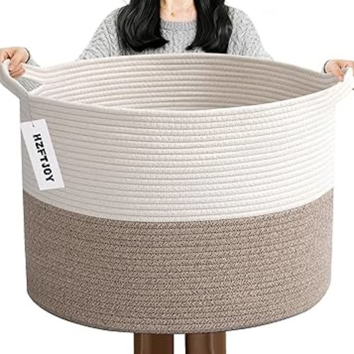 115L Large Blanket Basket,23.6" L x 23.6" W x 15.7" H Rope Woven Baskets with Handles, Toys Storage Bins,Laundry Basket Perfect for Living Room, Nursery,Bedroom,Home Organization,White&Brown