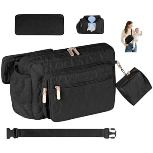 Rexmore Fanny Pack Diaper Bag with Portable Changing Pad, Adjustable Crossbody Waistpack for Women, Mini Compact Baby Essentials Organizer for Travel, Picnics, Daily Use (Black)