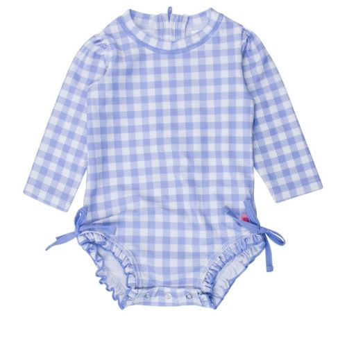RuffleButts Baby Girls UPF50+ Sun Protected Gingham Long Sleeve One Piece Rash Guard - Periwinkle Blue Gingham, 0-3m
