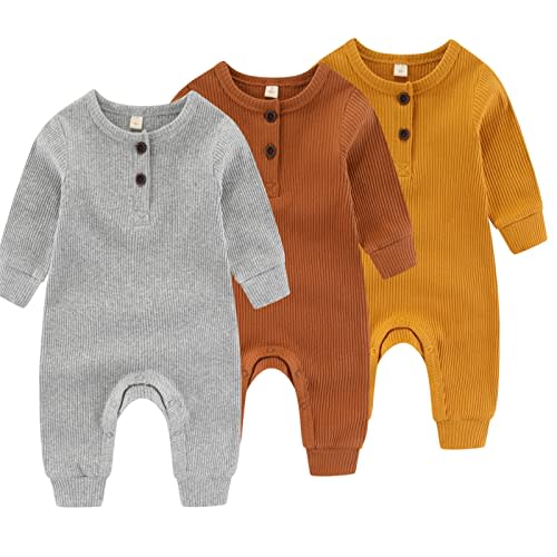 IADOER Newborn Baby Boys Girls One Piece Romper With Mitten Cuffs 3 Pack Long Sleeve Ribbed Button Jumpsuit Outfit Clothes