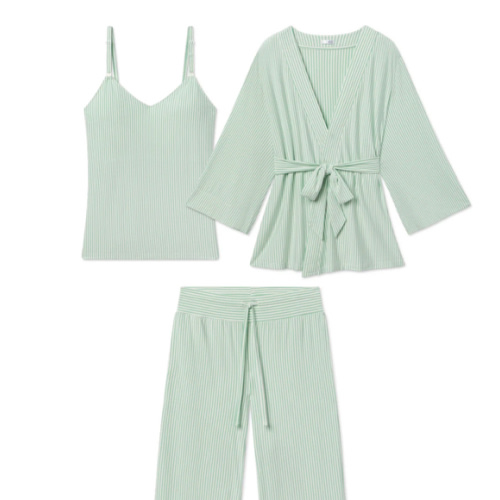 LAKE | Women | DreamModal Pajamas | Parisian Green Pencil Stripe Maternity Kimono Bundle