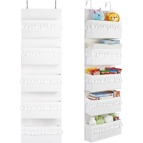 Over The Door Storage Organizer Decor,5 Pockets Hanging Nursery Door Organizer with Tassels Boho Decor,Behind Door Storage for Toys,Bedroom,Bathroom,White