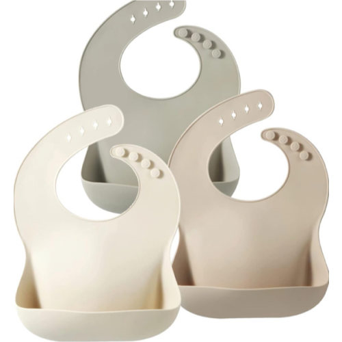 PandaEar Set of 3 Silicone Baby Bibs, Waterproof Soft Adjustable Bibs for Babies Toddlers 10-72 Months (Linen/Tea/Brown)