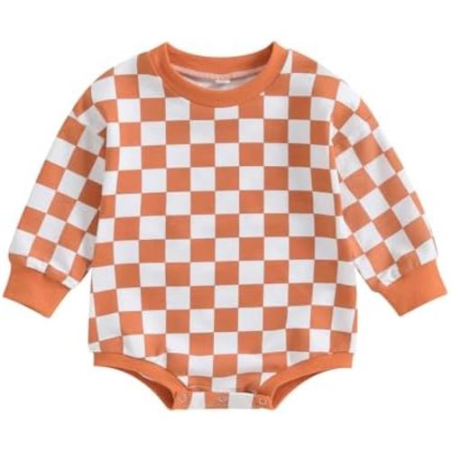 Karuedoo Baby Boy Girl Checkered Sweatshirt Romper Oversized Long Sleeve Bubble Romper Top Neutral Baby Fall Clothes
