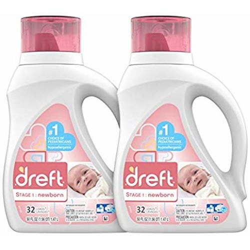 Dreft Stage 1: Newborn Hypoallergenic Liquid Baby Laundry Detergent (HE), Natural for Baby, Newborn, or Infant, 50 Ounce (32 Loads), 2 Count (Packaging May Vary)