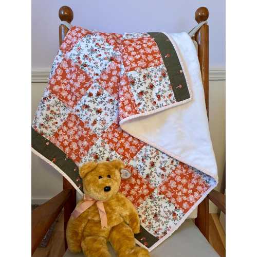 Handmade Baby Girl Quilt: Woodland Floral, Mushroom Accent, Minky Backing