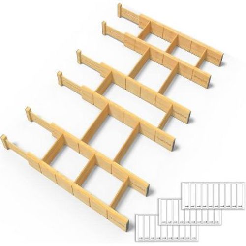 Set of 6 Bamboo Expandable Drawer Dividers with Labels,with 12 Inserts (17-22in)