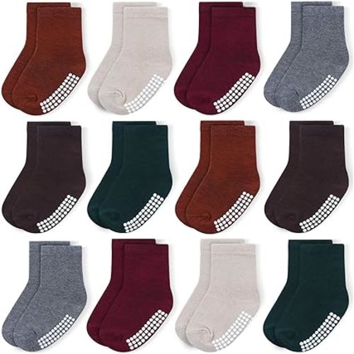 JAKIDAR 12 Pack Baby Socks Cotton Crew Toddler Socks Grips Non Slip Bottom Kids Socks