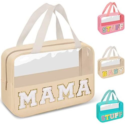 Preppy Clear Mama Makeup Bags with Chenille Letter Patches, Travel Essentials Large Clear Make up Bag Zipper Pouch with Handle, Waterproof Nylon Cosmetic Toiletry Storage Tote for Women (MAMA-Beige)