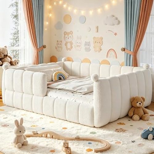 Bellemave Queen Size Teddy Fleece Upholstered Montessori Floor Bed with Fence,Low Profile Kids Bed Frame with Full Padded Safety Guardrails, No Box Spring Needed for Boys and Girls,Beige