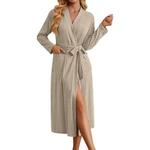 Ekouaer Womens Robes Long Bathrobe Ribbed Knit Kimono Robe Soft Sleepwear