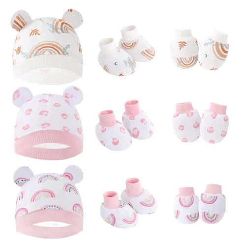 Happy Cherry Infant Cotton Cap Baby Girls Hat Mitten Set Baby Beanie Caps Newborn Hospital Hat No Scratch Sock Toddler Soft Socks Gloves for 0-6 Month 3 Pack