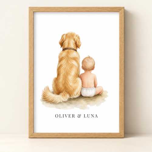 Golden Retriever Baby Nursery Art | Personalized Dog Portrait | New Baby Gift for Dog Mom | Baby Shower Gift | Custom Pet Wall Art