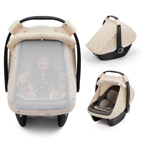 Blissful Diary Muslin Baby Car Seat Cover, Infant Canopy, Sunshine | Breathable Large Mesh Window, 360 fits most seats, Windproof, Easy baby access, Baby must have & essentials, Newborn gift