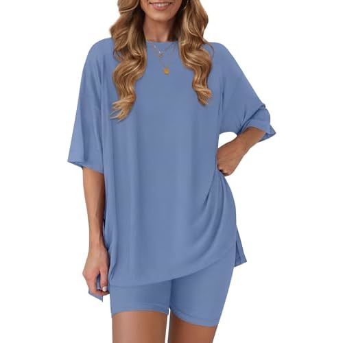 RUBZOOF Women's 2 Piece Lounge Sets 2026 Casual Summer Airport Travel Outfits Oversized Shirts Biker Shorts Matching Clothing