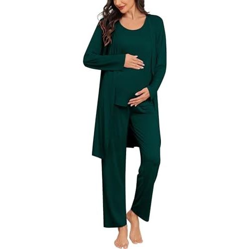 SWOMOG Women Maternity Nursing Robe Set 3 PCS Labor Delivery Breastfeeding Pajama Postpartum Pjs for Hospital Pregnancy