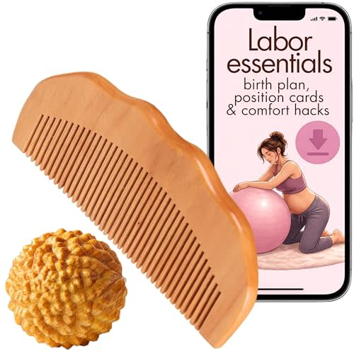 Labor Comb & Massage Ball Set | Plus Digital Birth Prep Essentials Guide and Birth Plan | Must Have Kit Ball and Birthing Comb for Labor Pain | Maternity Hospital Bag Essentials Gift for Pregnant Moms