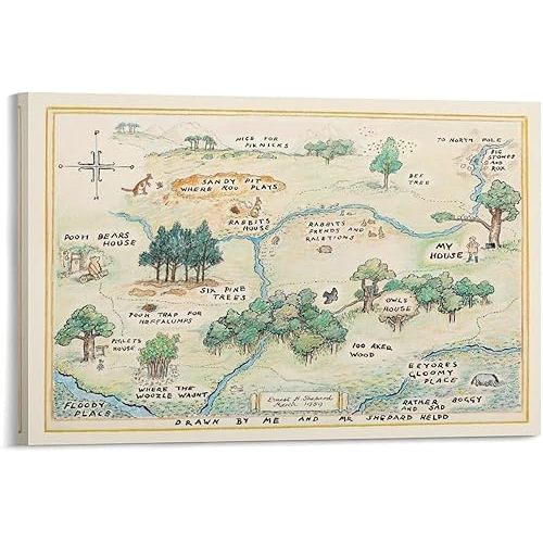 Winnie Hundred Acre Wood Map Print Canvas Art Poster And Wall Art Picture Print Modern Family Bedroom Decor Posters 12x18inch(30x45cm)