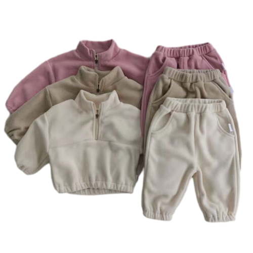 Esaierr 2PCS Infant Toddler Boys Girls Winter Fleece Sweatshirt Outfit Baby Solid Color Warm Sweatsuit Sweatpants Tracksuit 2-Piece Set for 6 -24 Months