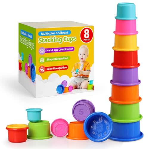 Colorful Stacking Cups for Babies and Toddlers, 8 PCS Nesting and Stackable Cups for Bath, Beach, Montessori Play, Early Learning and Fine Motor Skill Development - 8 Count