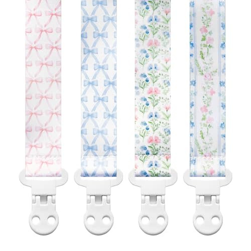 Baby Pacifier Clip Holder - Girl 4 Pack Gift Set  Vintage Floral Bows Ribbons Flowers French Blue Pink