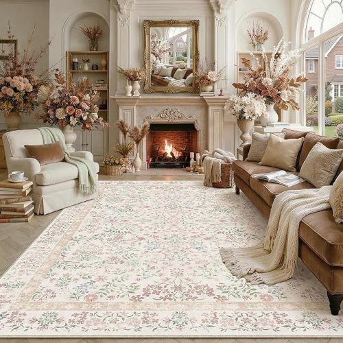 9x12 Pink Floral Area Rug Vintage Farmhouse Style