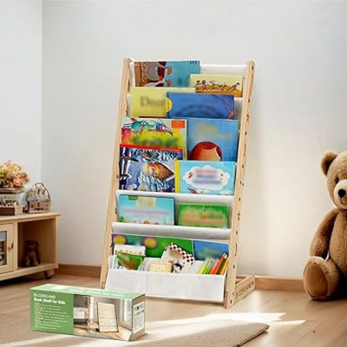 COSYLAND Fabric Book Shelf for Kids Rooms - 6 Tiers Nursery Book Shelves for Playroom Classroom - Bookcase Display Shelf for Toddler (Natural, 45 Cm Wide)
