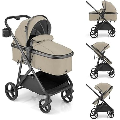 Gromast 3-in-1 Baby Stroller, Convertible Stroller for Newborn Infant Toddler with Reversible Seat, UPF 50+ Canopy & Cup Holder - Khaki