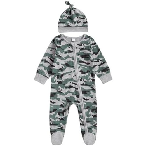 Newborn Baby Boy Clothes Long Sleeve Crewneck Camouflage Footies Camo Romper Zipper Bodysuit Fall Winter Outfit