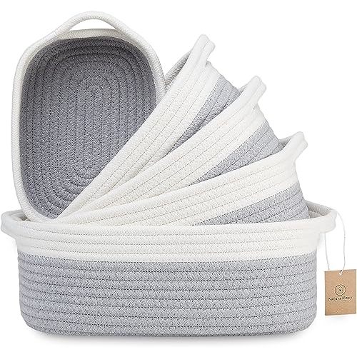 NaturalCozy 5-Piece Rectangle Storage Basket Set- Natural Cotton Rope Woven Baskets for Organizing! Small Basket for Montessori, Baby Nursery, Dog Toy Baskets, Cat Toy Box, Bathroom Organization Bin