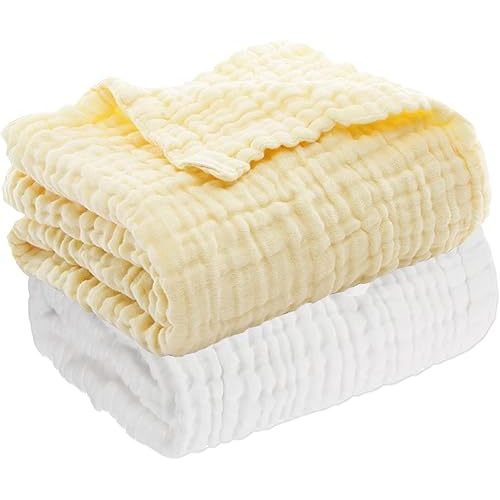 Aablexema Baby Muslin Bath Towels - Set of 2 Large Size 43X43 Inches Swaddle Blanket for Newborn Toddlers Boys Girls (White & Yellow)